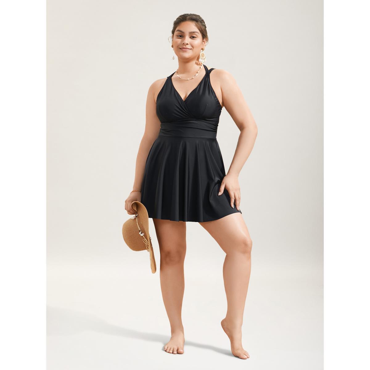 Plus Size Solid Ruffle Hem Empire Waist Halter Neck Swim Dress Women's Swimwear Black Beach Bodycon Halter neck High stretch Curve Swim Dresses BloomChic 26/4X Product Image