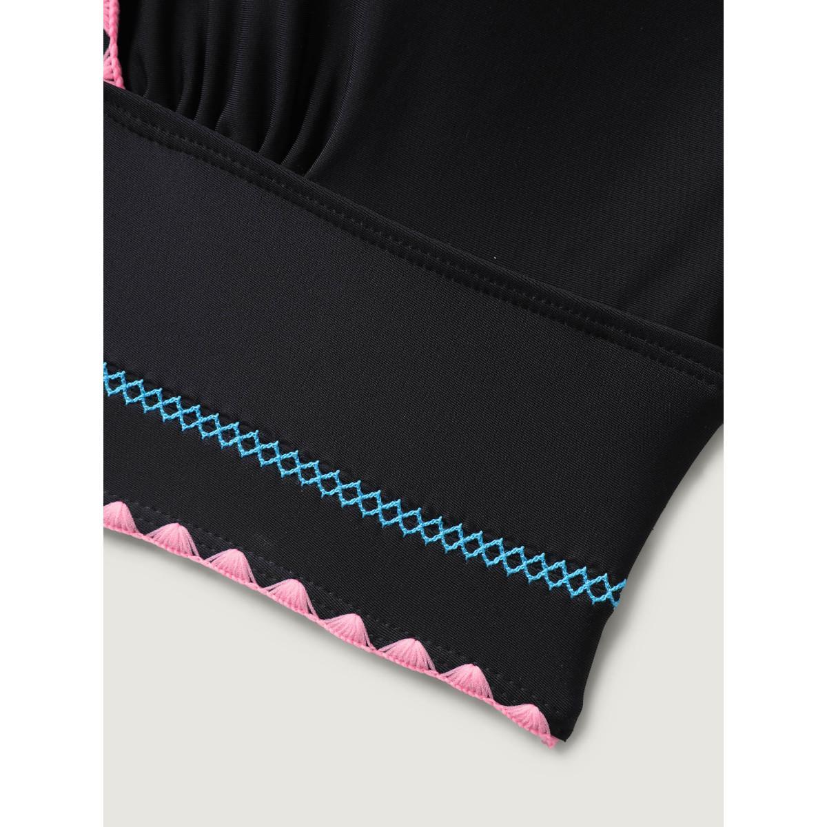 Plus Size Embroidered Color Contrast Swim Top Women's Swimwear Black Beach Contrast High stretch Skinny Overlap Collar Curve Swim Tops BloomChic 10/M Product Image