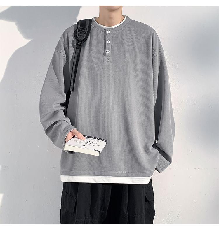 Long-Sleeve Crew Neck Mock Two-Piece T-Shirt Product Image