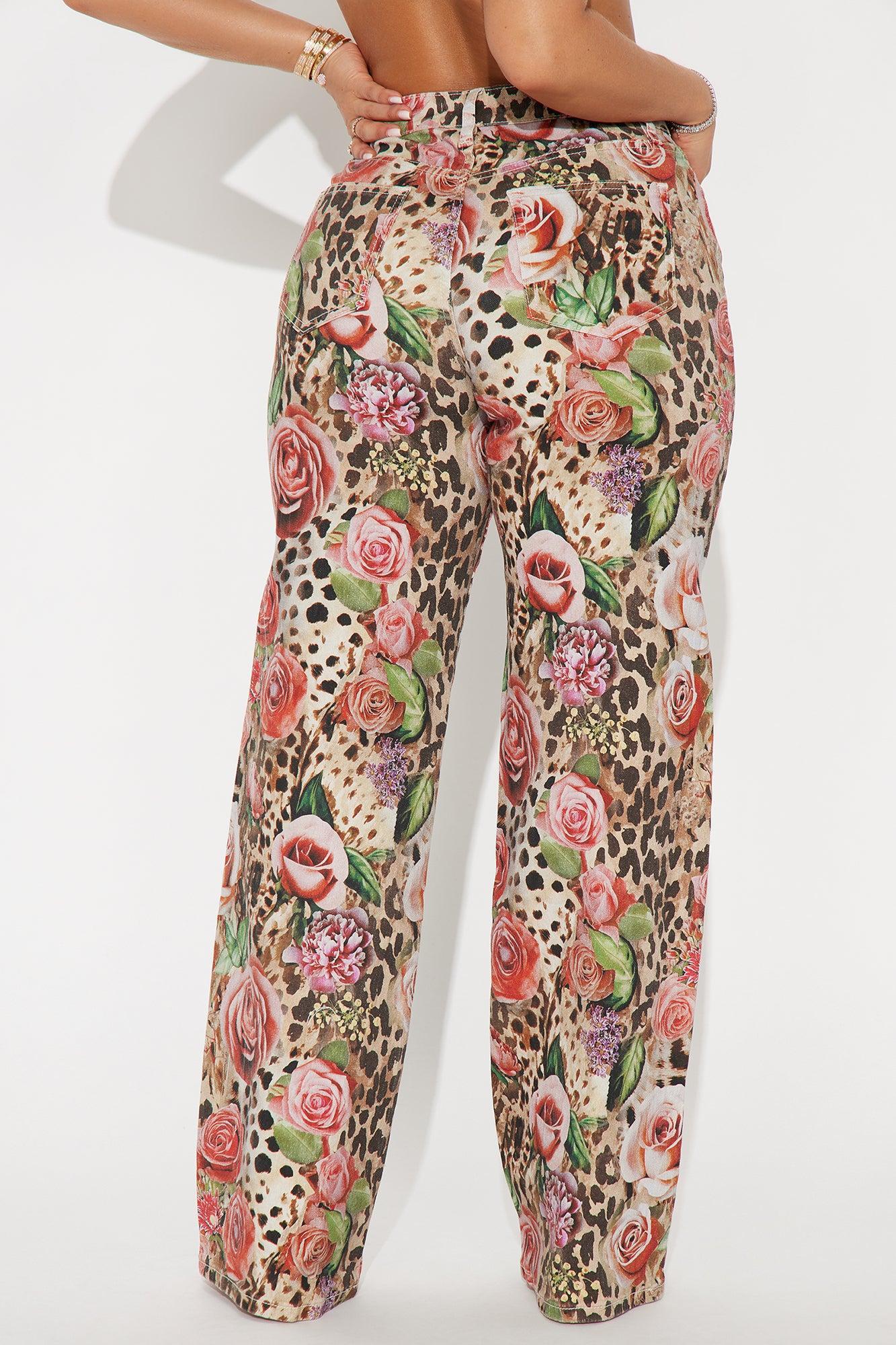 Keep Me Wild Floral Animal Print Stretch Baggy Jeans - Brown Combo Product Image