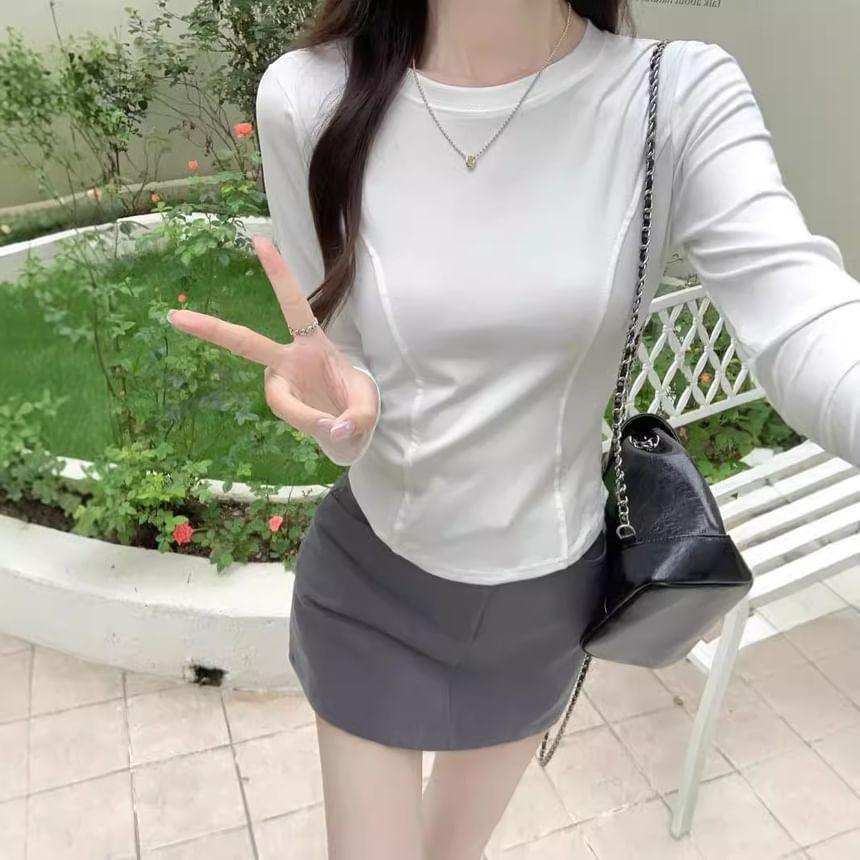 Long Sleeve Crew Neck Plain Panel T-Shirt Product Image