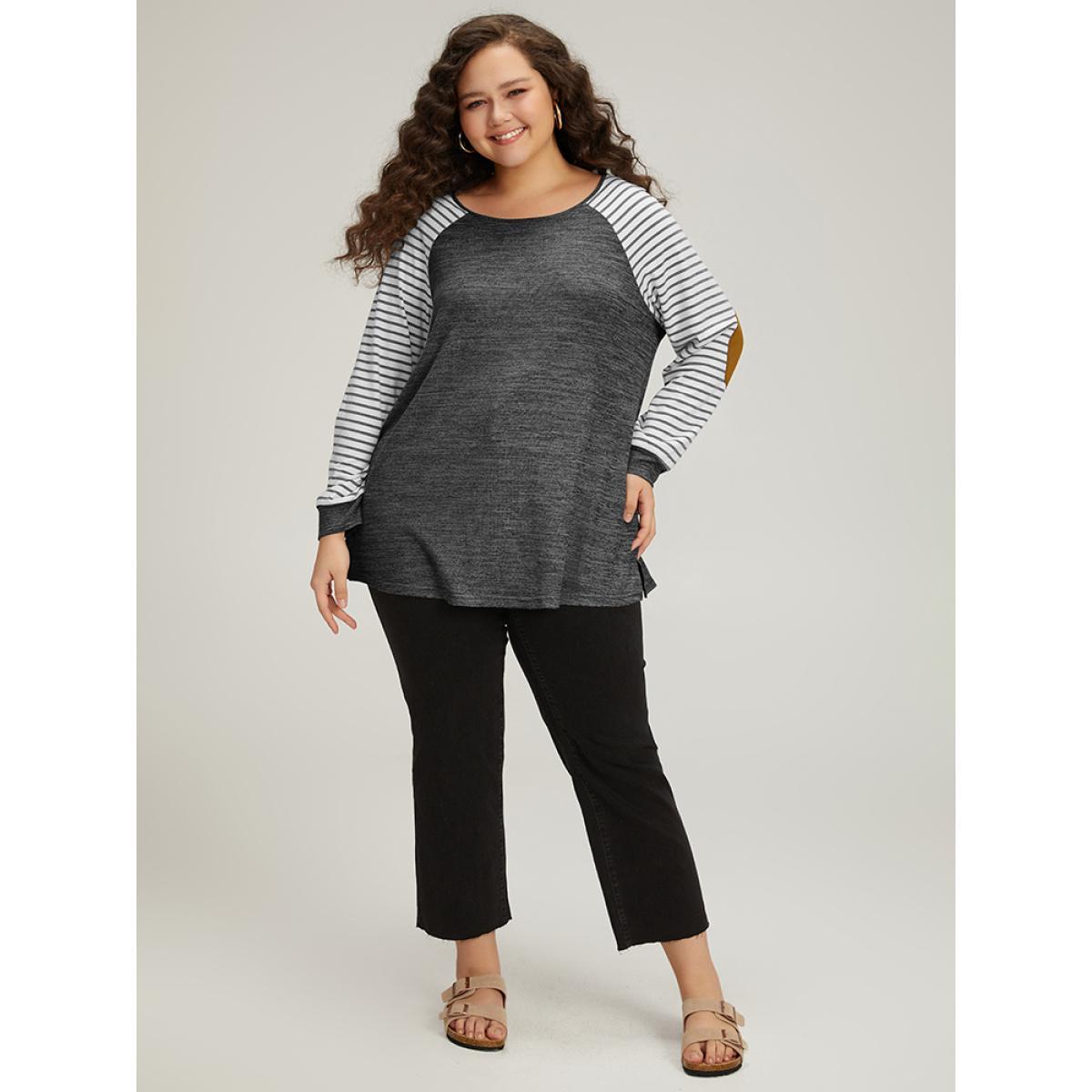 Plus Size Striped Raglan Sleeve Patched Split Side T-shirt DimGray Women Casual Contrast Striped Round Neck Dailywear T-shirts BloomChic 22-24/3X Product Image