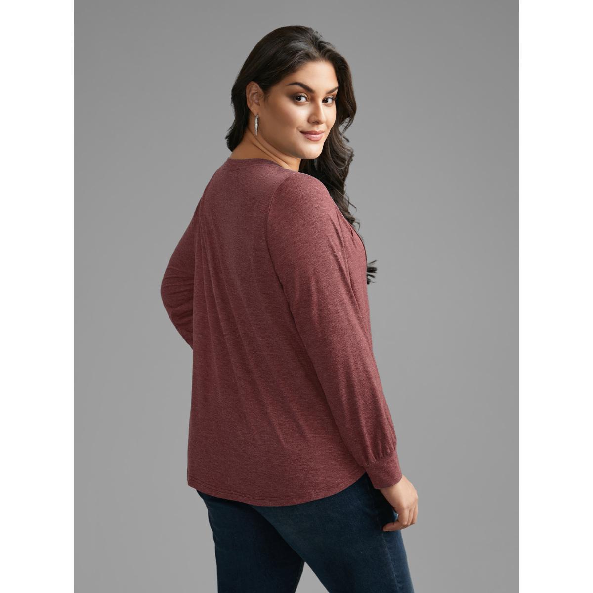 Plus Size Solid Heather Round Neck Pleated T-shirt Russet Women Casual Pleated Round Neck Everyday T-shirts BloomChic 26/4X Product Image