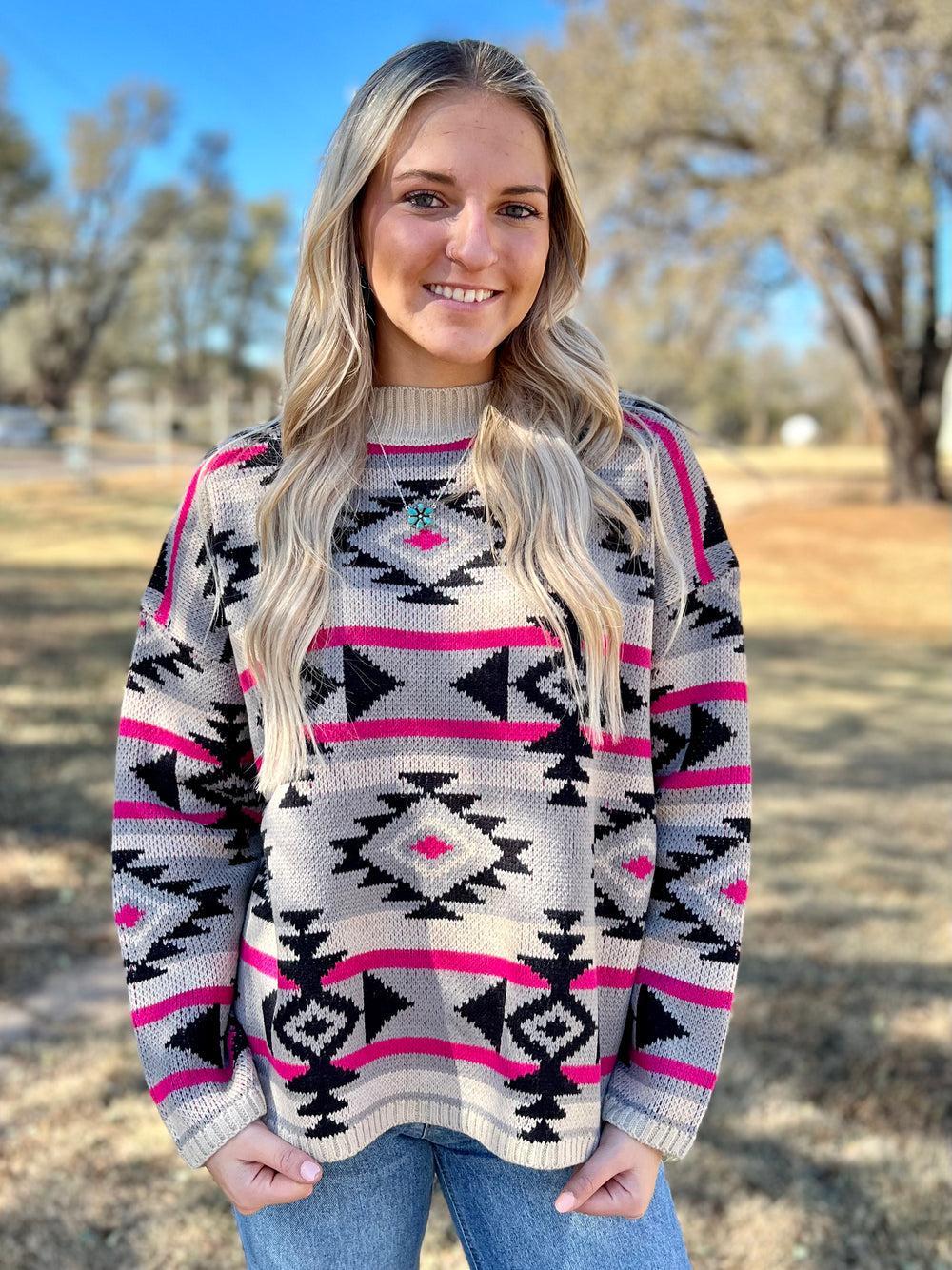 Black And Pink Aztec Knitted Sweater* Product Image