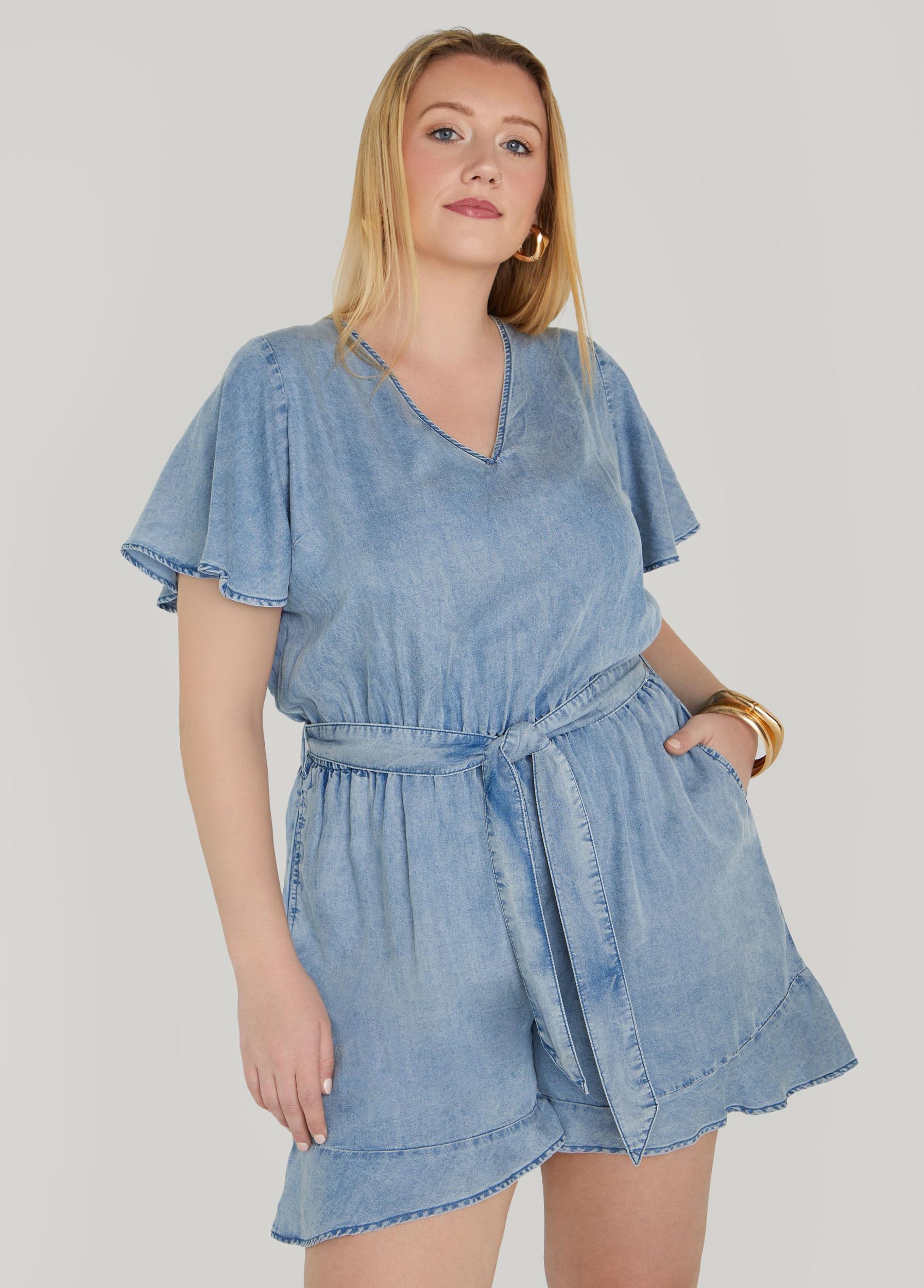 Ruffle Trimmed Chambray Romper Product Image
