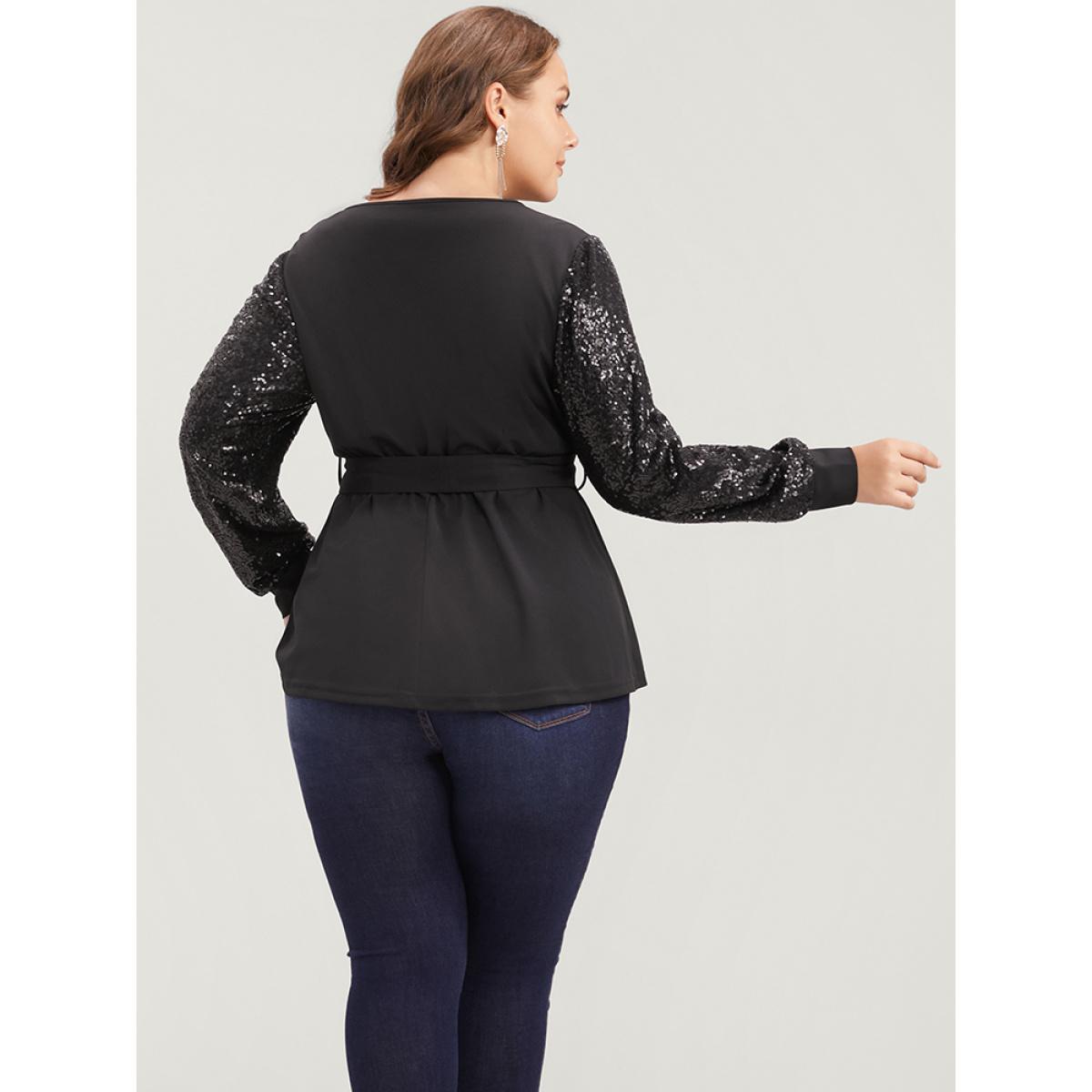 Plus Size Black Solid Sequin Belted Surplice Neck Blouse Women Party Long Sleeve V-neck Going out Blouses BloomChic 12/L Product Image