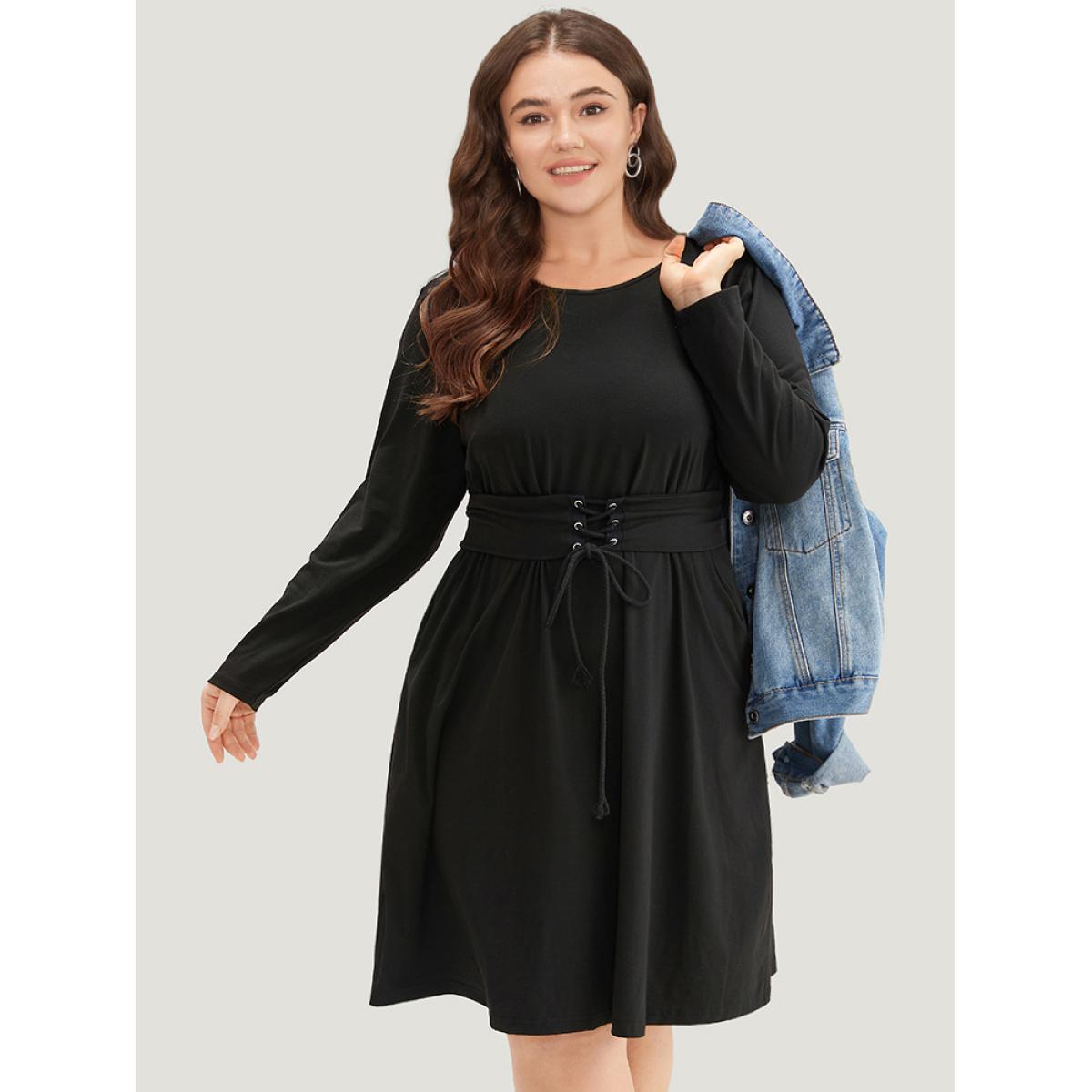 Plus Size Solid Pocket Drawstring Ties Dress Black Women Casual Plain Round Neck Long Sleeve Curvy Knee Dress BloomChic 14-16/1X Product Image