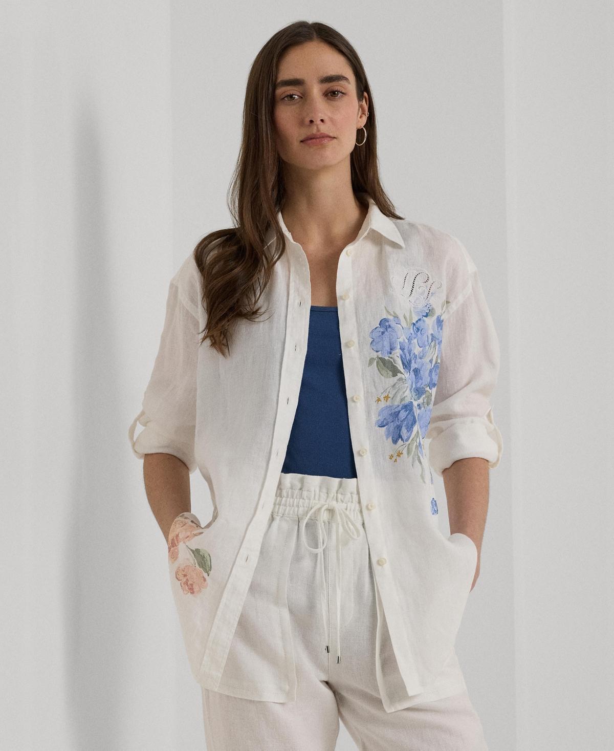 Lauren Ralph Lauren Oversize Floral Eyelet-Logo Linen Shirt Women's Clothing Product Image