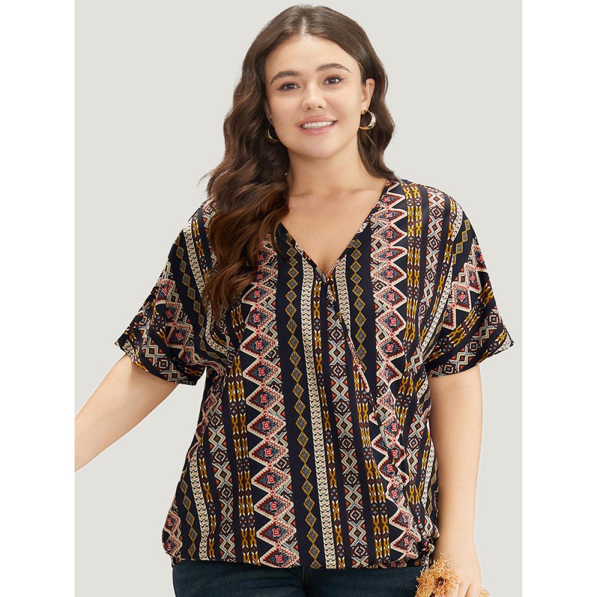 Plus Size Indigo Boho Print V Neck Wrap Blouse Women Vacation Short sleeve V-neck Dailywear Blouses BloomChic 30/6X Product Image
