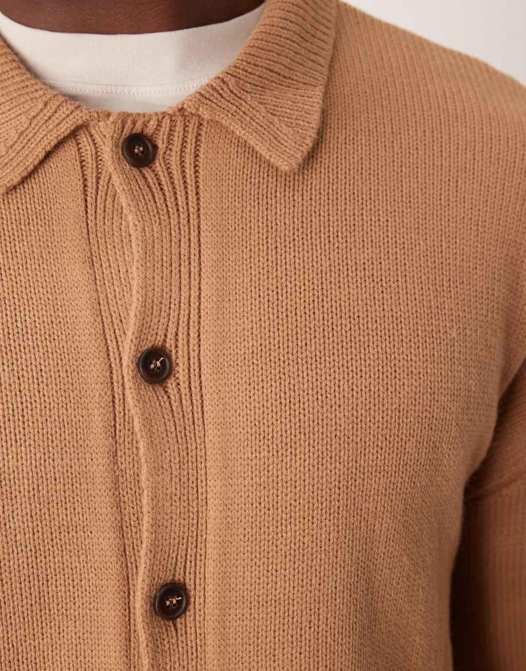 ASOS DESIGN relaxed boxy fit knitted cardigan with collar in stone Product Image