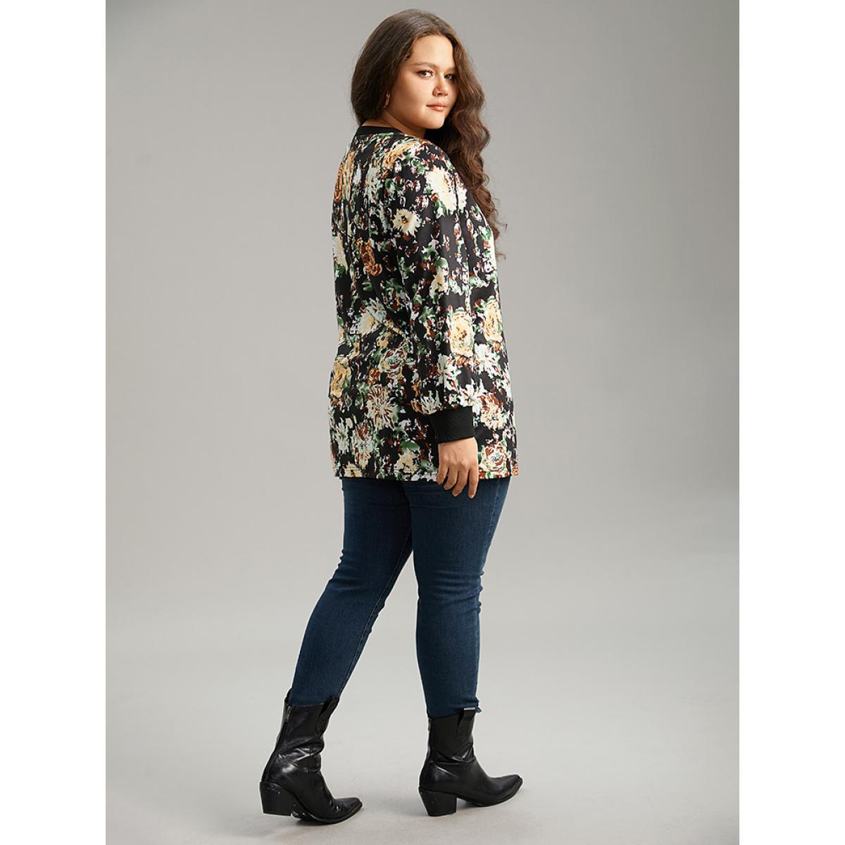 Plus Size Floral Print Elastic Cuffs Sweatshirt Women Black Elegant Printed Round Neck Dailywear Sweatshirts BloomChic 30/6X Product Image