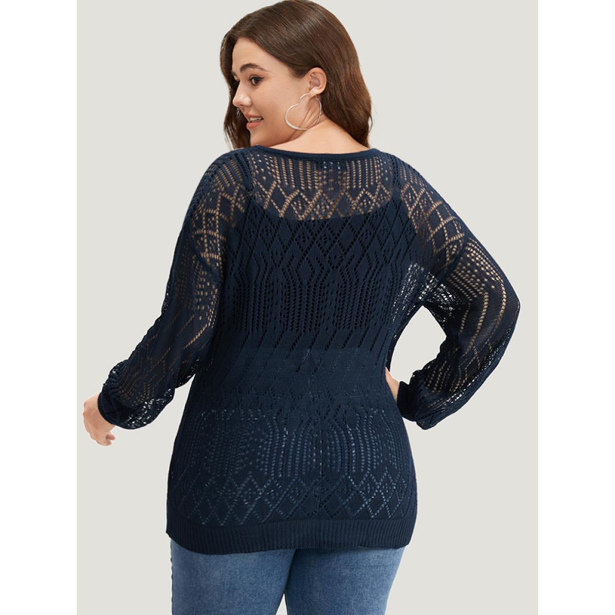 Plus Size Plain Geometric Hollow Out Knot Neck Pullover Indigo Women Casual Long Sleeve V-neck Everyday Pullovers BloomChic 14-16/1X Product Image