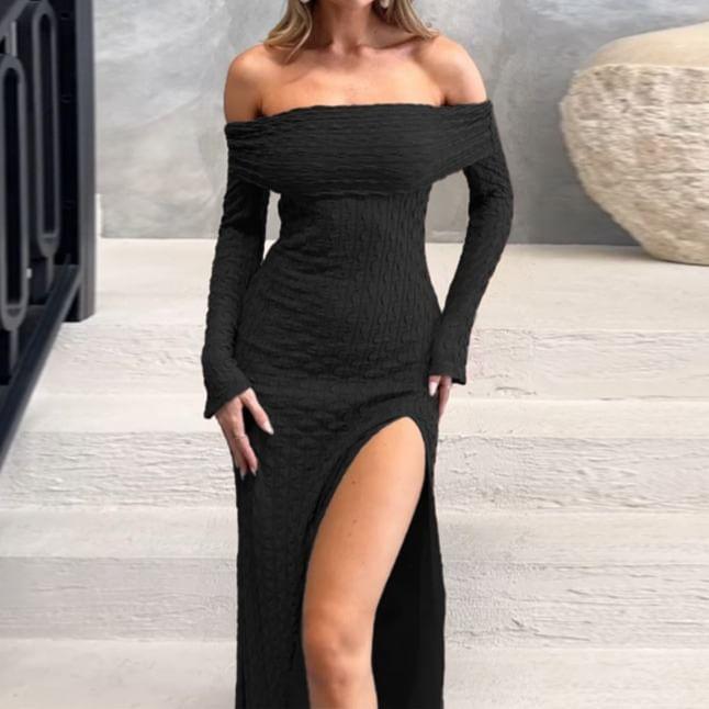 Long Sleeve Off Shoulder Plain Slit Maxi Sheath Dress Product Image
