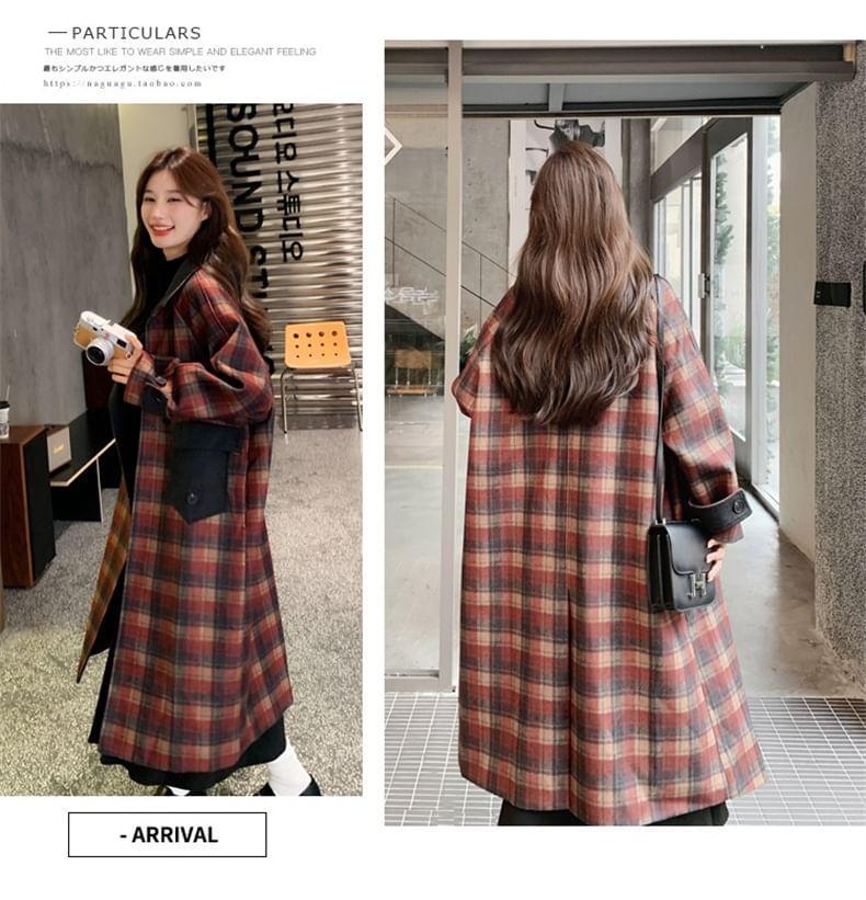 Collared Plaid Button-Up Long Coat Product Image