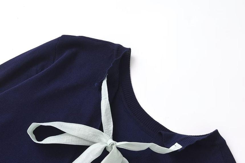 Round Neck Plain Bow Sweater Product Image