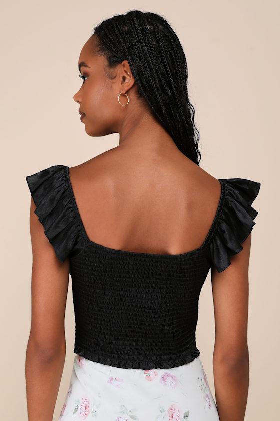 Radiating Elegance Black Crinkle Satin Flutter Sleeve Top Product Image