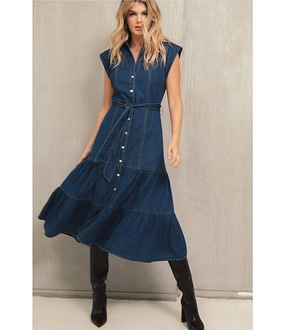 ELAN Denim V-Neck Short Cap Sleeve Midi Dress Product Image