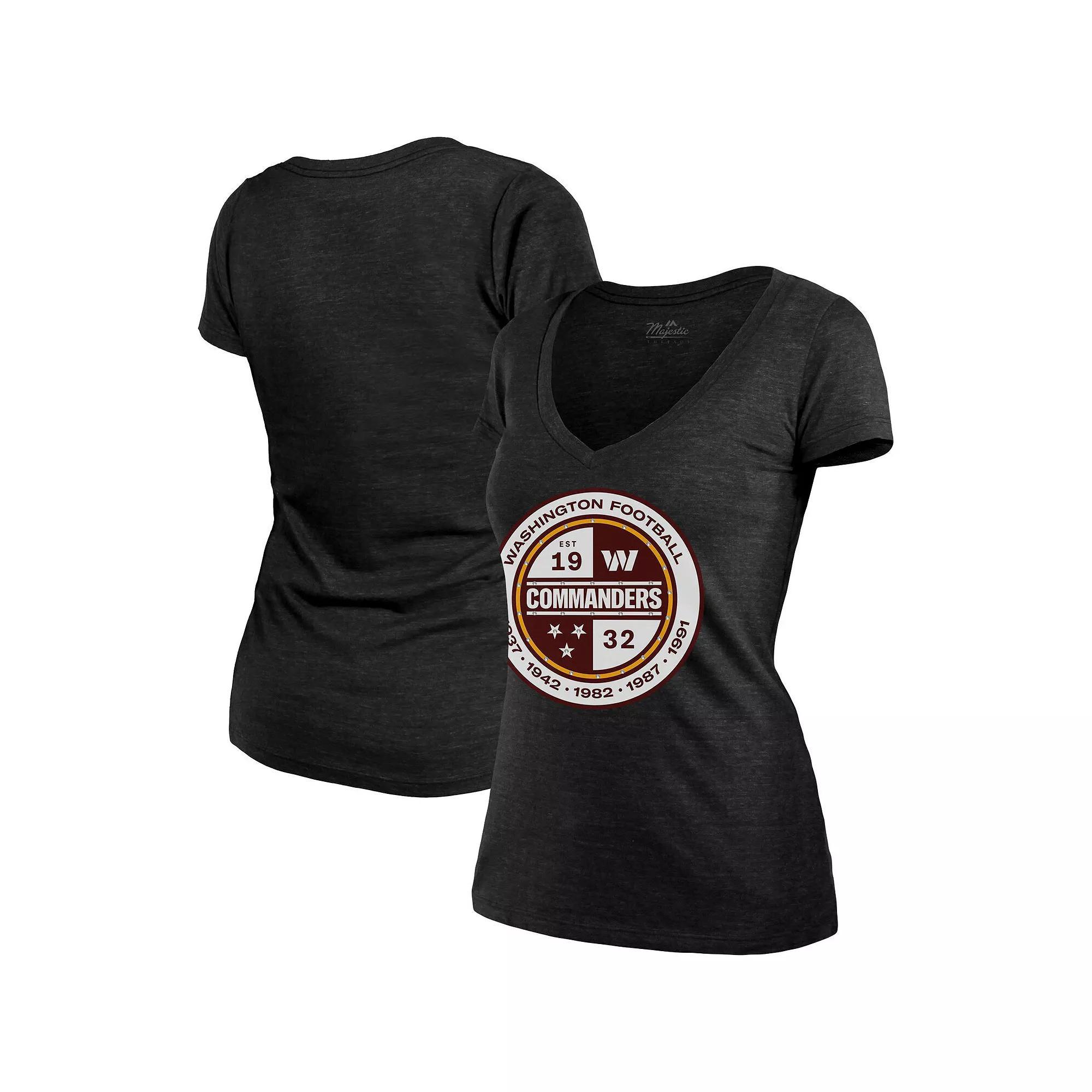 Women's Majestic Threads Black Washington Commanders Bling Tri-Blend V-Neck T-Shirt, Size: Small, Wft Black Product Image