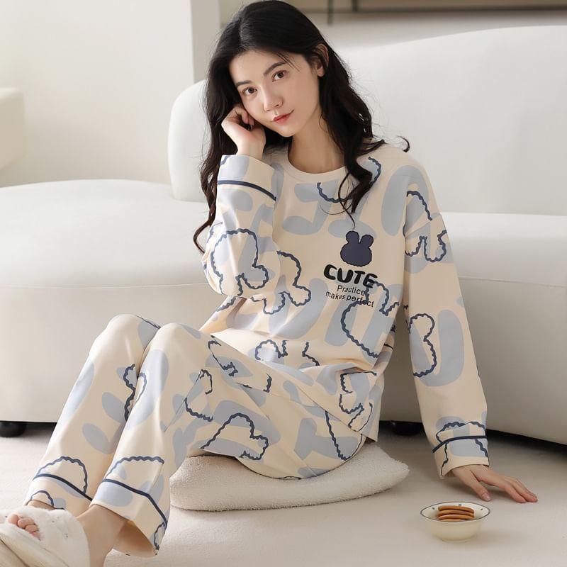 Loungewear Set : Long-Sleeve Rabbit Print Padded T-Shirt + Pants Product Image