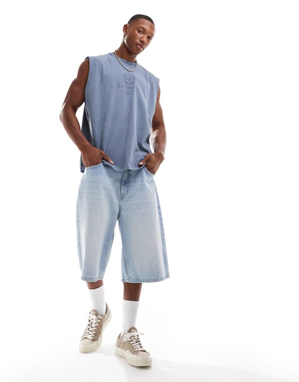 ASOS DESIGN oversized tank in heavyweight 220gsm washed blue with sports chest print Product Image