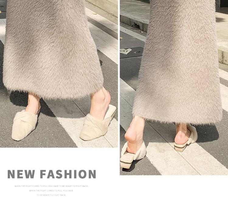 High Rise Plain Fluffy Knit Midi H-Line Skirt Product Image