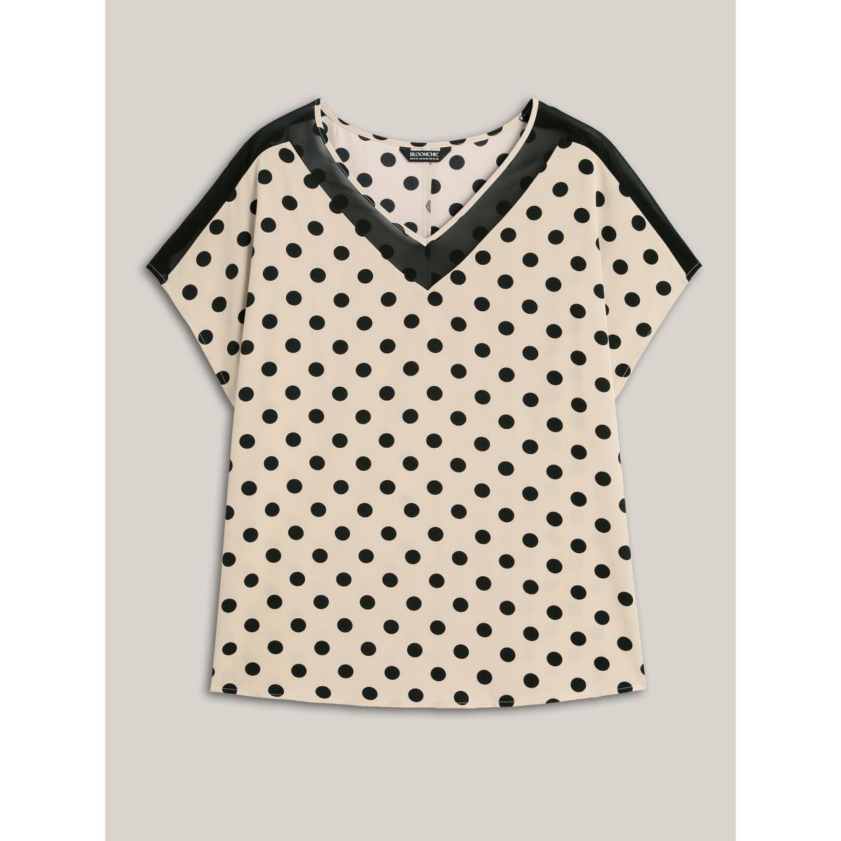 Plus Size Champagne Polka Dots Color Contrast Blouse Women Short sleeve V-neck Work Blouses BloomChic 10/M Product Image