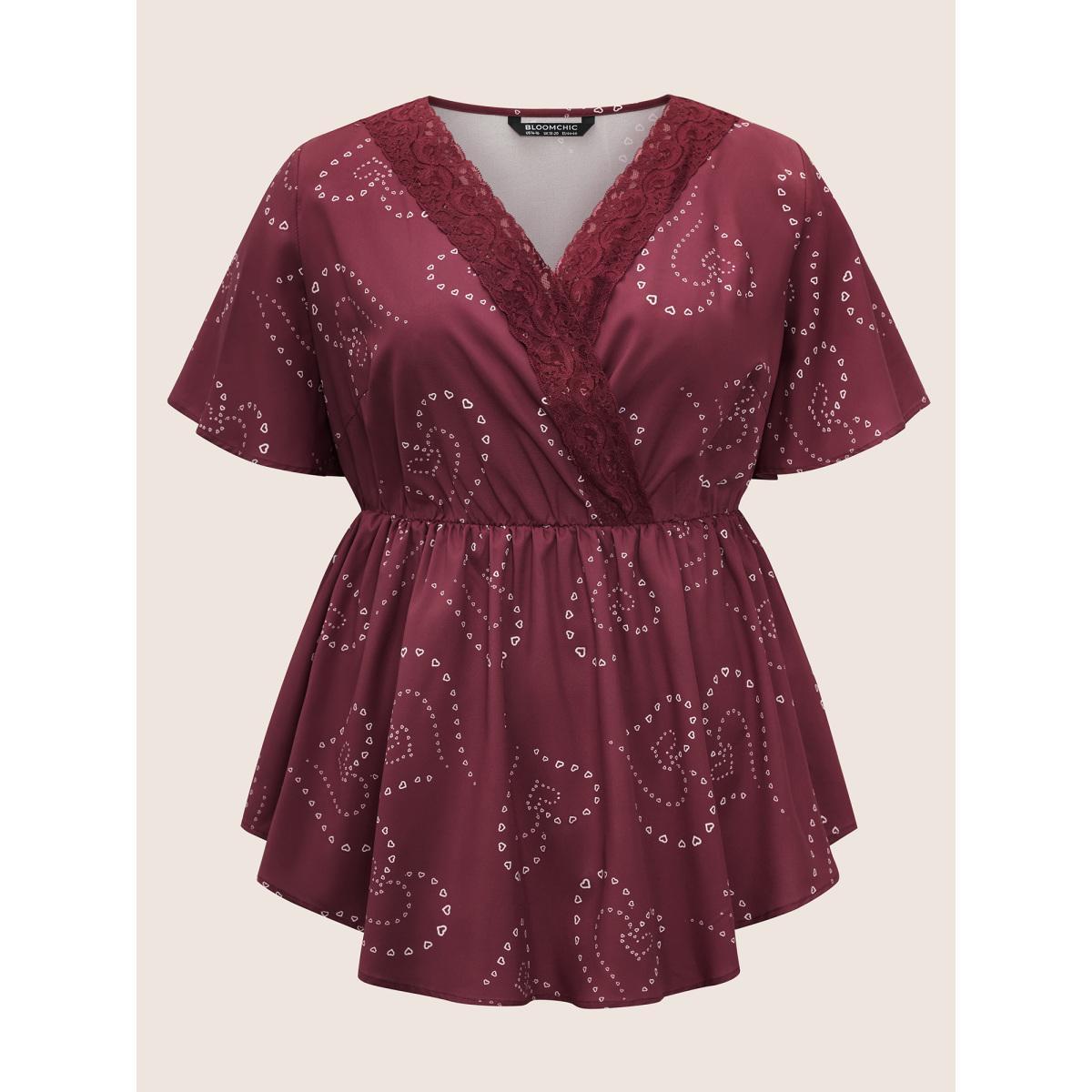 Plus Size Scarlet Heart Lace Patchwork Wrap Elastic Waist Blouse Women Elegant Short sleeve Overlap Collar Everyday Blouses BloomChic 14-16/1X Product Image