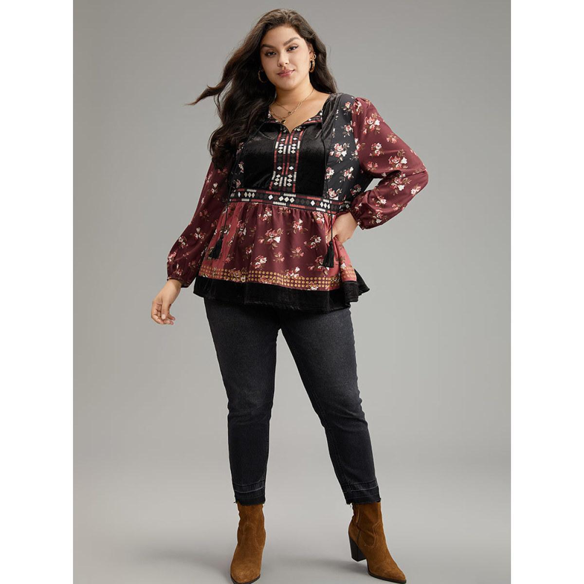 Plus Size Scarlet Velvet Floral Contrast Knot Neck Tassel Blouse Women Vacation Long Sleeve Tie Neck Dailywear Blouses BloomChic 18-20/2X Product Image