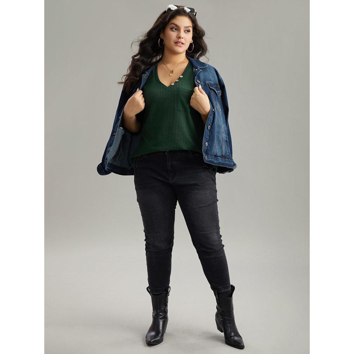 Plus Size Waffle Knit V Neck Button Detail Cami Top Women Green Casual Waffle Knit V-neck Dailywear Tank Tops Camis BloomChic 26/4X Product Image