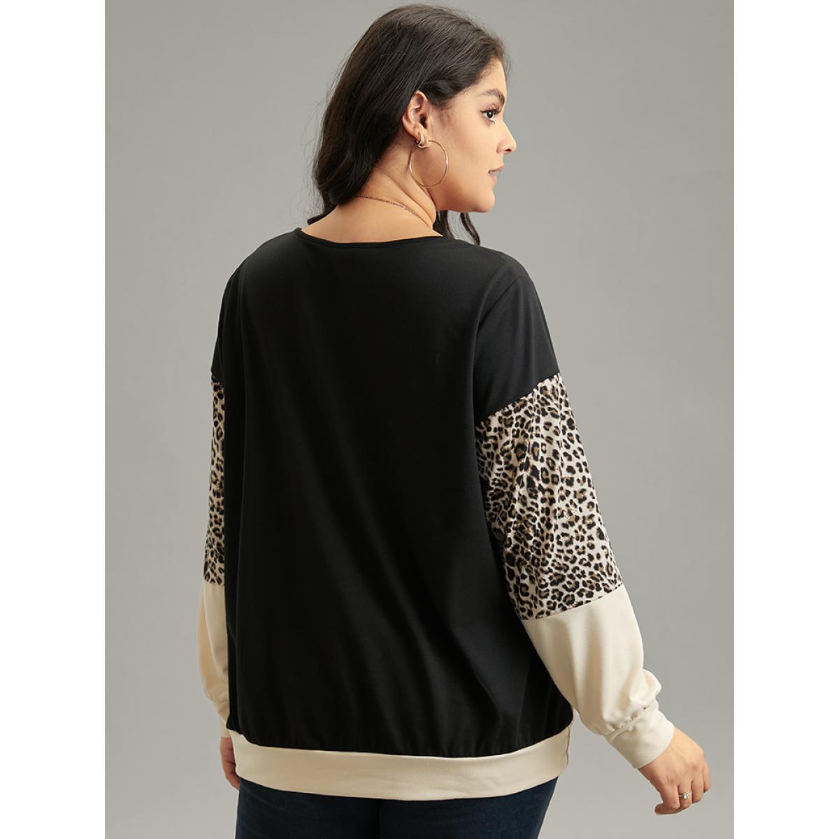 Plus Size Leopard Contrast Elastic Hem Sweatshirt Women Black Casual Contrast Round Neck Dailywear Sweatshirts BloomChic 14-16/1X Product Image