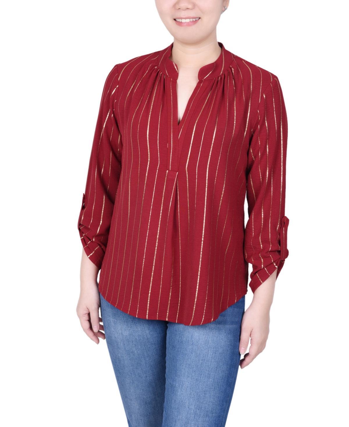 Ny Collection Petite Long Sleeve Foil Striped Blouse Product Image