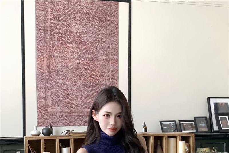 Turtleneck Ribbed-Knit Tank Top Product Image
