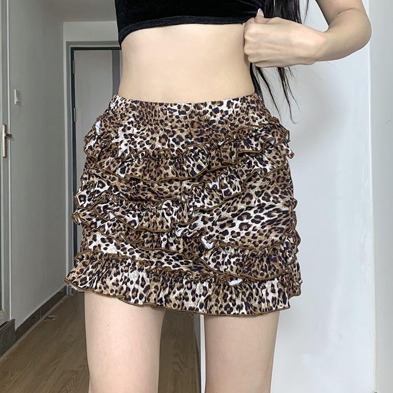 High Rise Leopard Ruffle Trim Mini Pencil Skirt Product Image