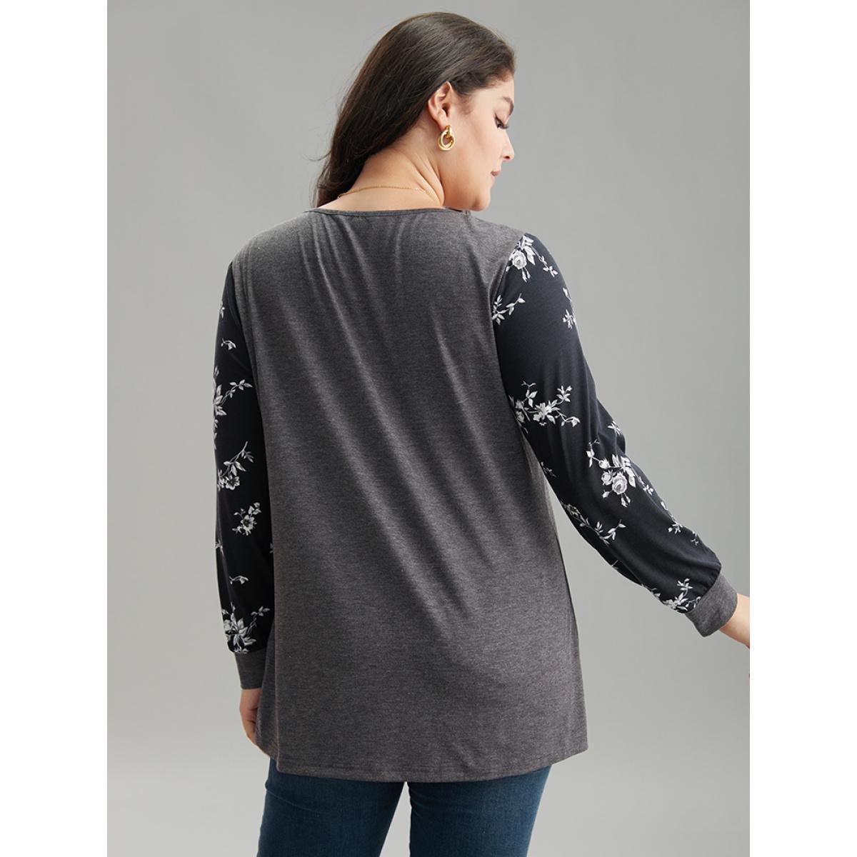 Plus Size Floral Print Patchwork Button Up T-shirt DimGray Women Elegant Printed Patchwork V-neck Dailywear T-shirts BloomChic 12/L Product Image