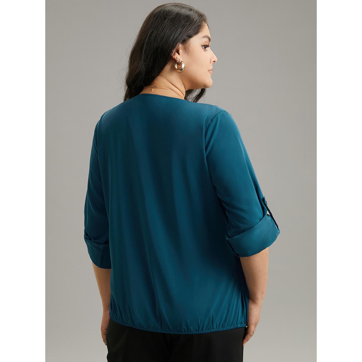 Plus Size Indigo Solid Crossover Roll Tab Sleeve Blouse Women Office Long Sleeve Overlap Collar Work Blouses BloomChic 22-24/3X Product Image