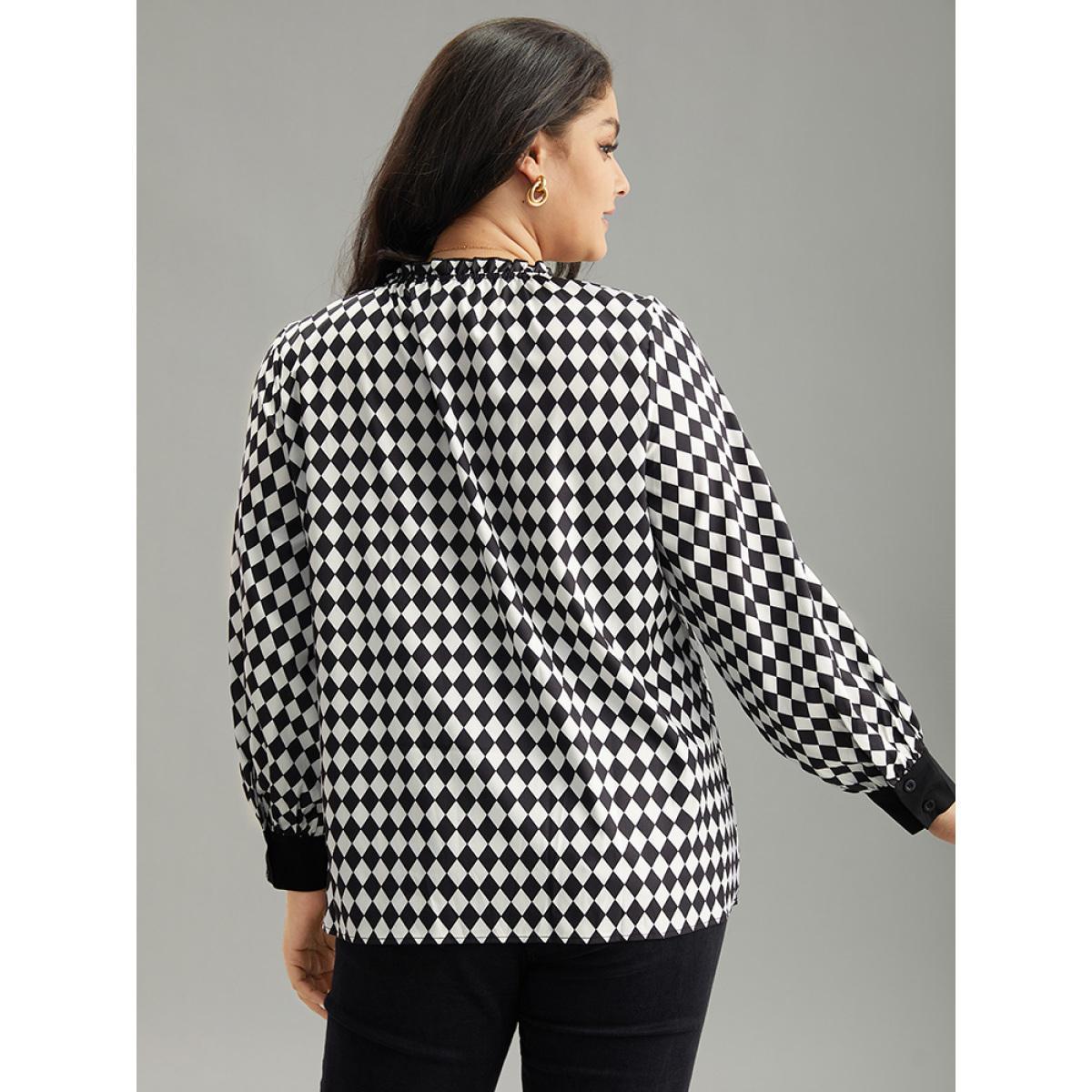 Plus Size Black Halloween Check Frill Trim Gathered Patchwork Blouse Women Elegant Long Sleeve Round Neck Dailywear Blouses BloomChic 12/L Product Image