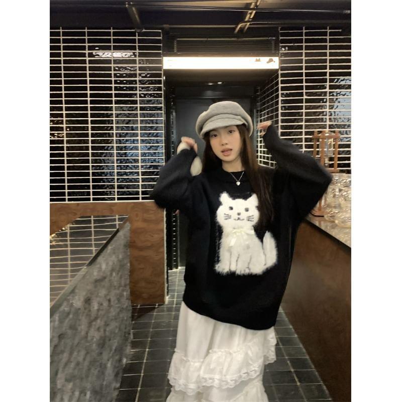 Long-Sleeve Crewneck Cat Sweater Product Image