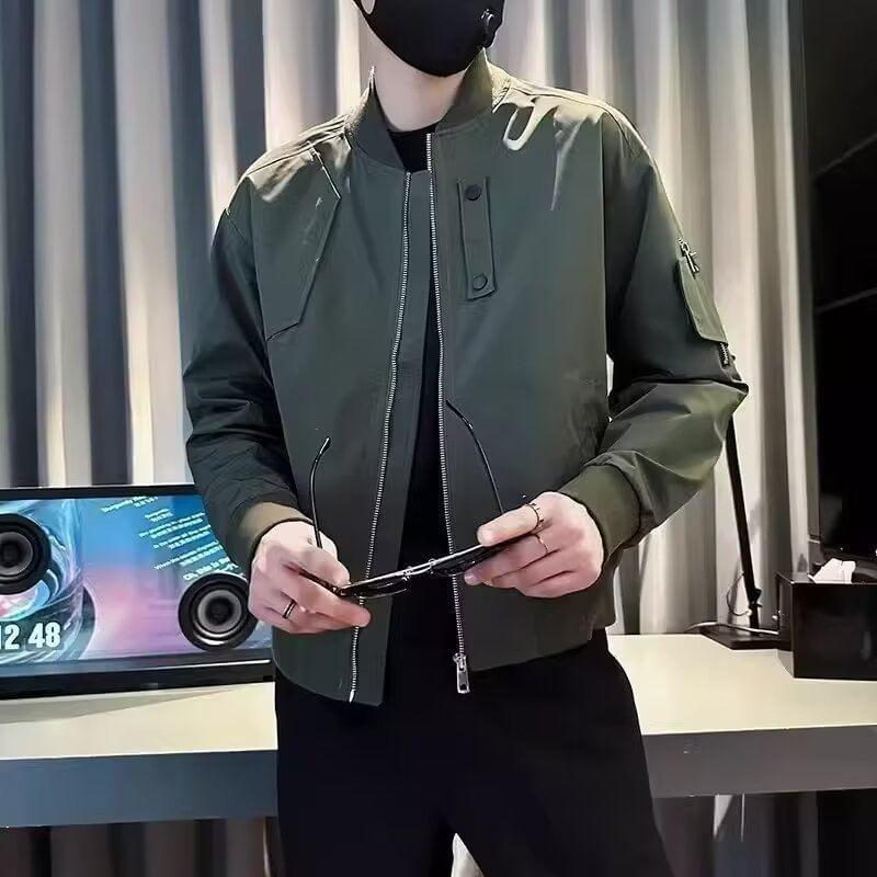 Stand Collar Plain Zip Bomber Jacket Product Image