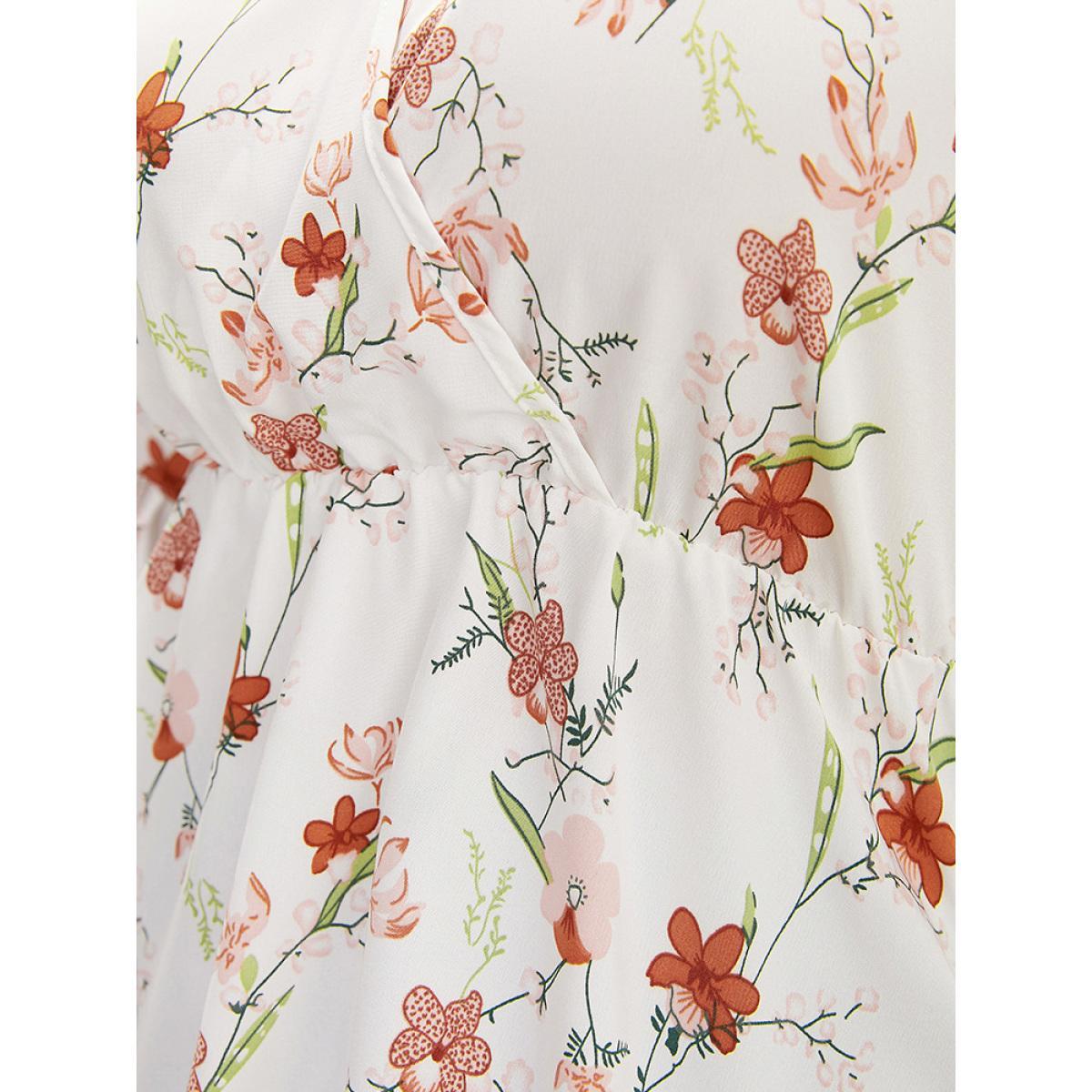 Plus Size White Floral Print Ruffles Flounce Sleeve Surplice Neck Blouse Women Elegant Short sleeve V-neck Dailywear Blouses BloomChic 10/M Product Image