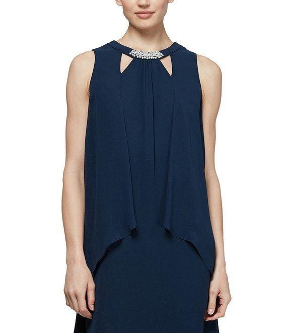 Ignite Evenings Pearl Beaded Cutout Crew Neck Chiffon Sleeveless Trapeze Dress Product Image