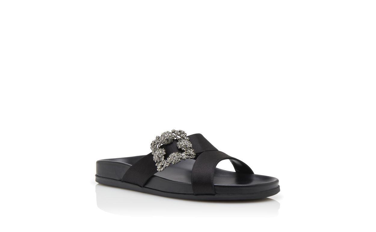 CHILANGHI Black Satin Jewel Buckle Flat Mules  Product Image
