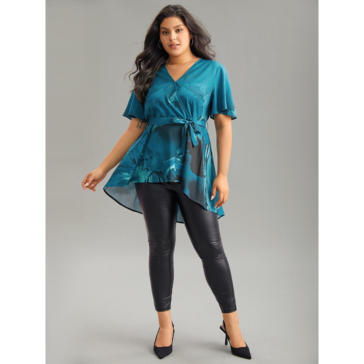 Plus Size Aegean Boho Print Wrap Ruffle Sleeve Blouse Women Elegant Short sleeve V-neck Dailywear Blouses BloomChic 18-20/2X Product Image