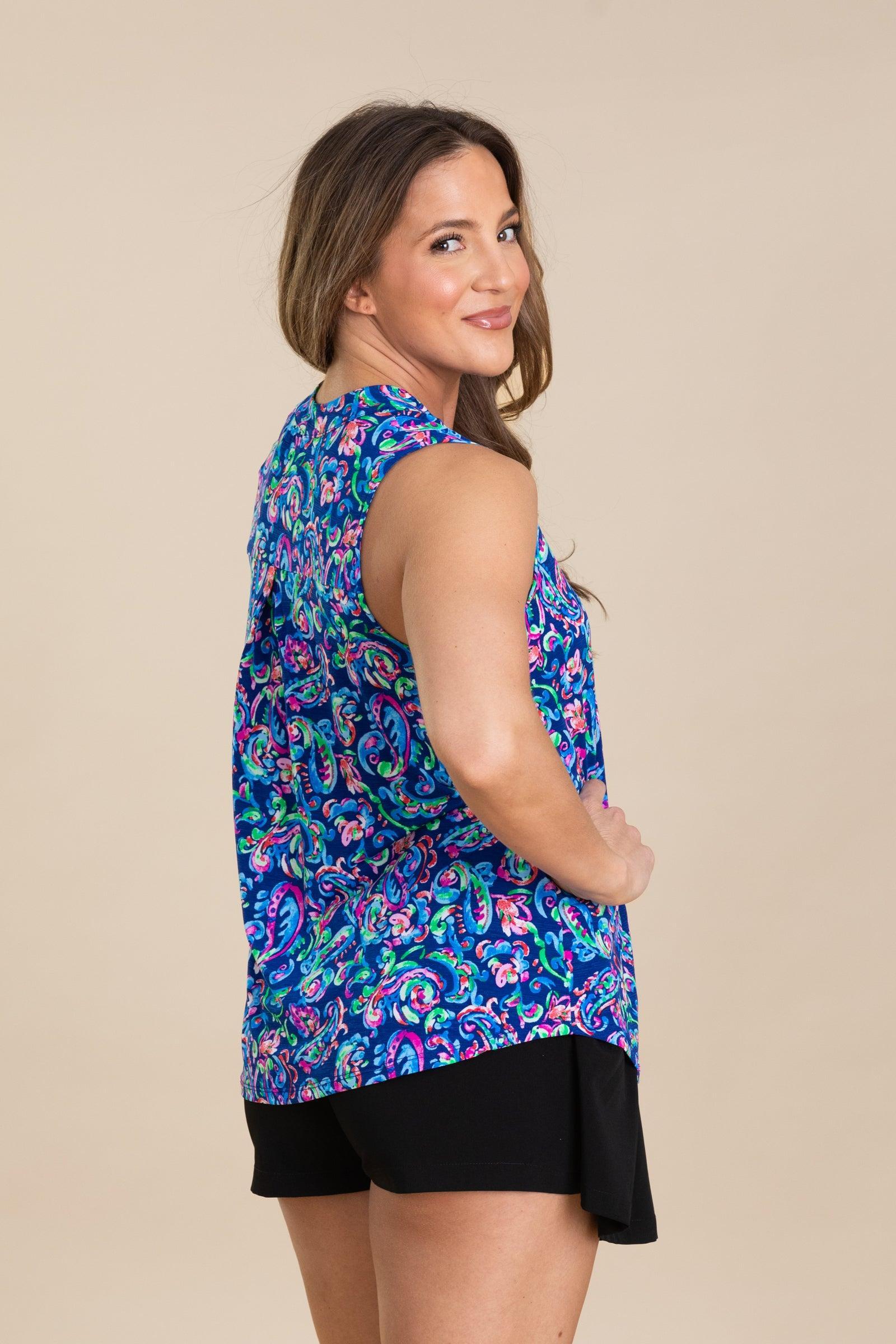 Navy Floral Print V-Neck Wrinkle Free Top Product Image