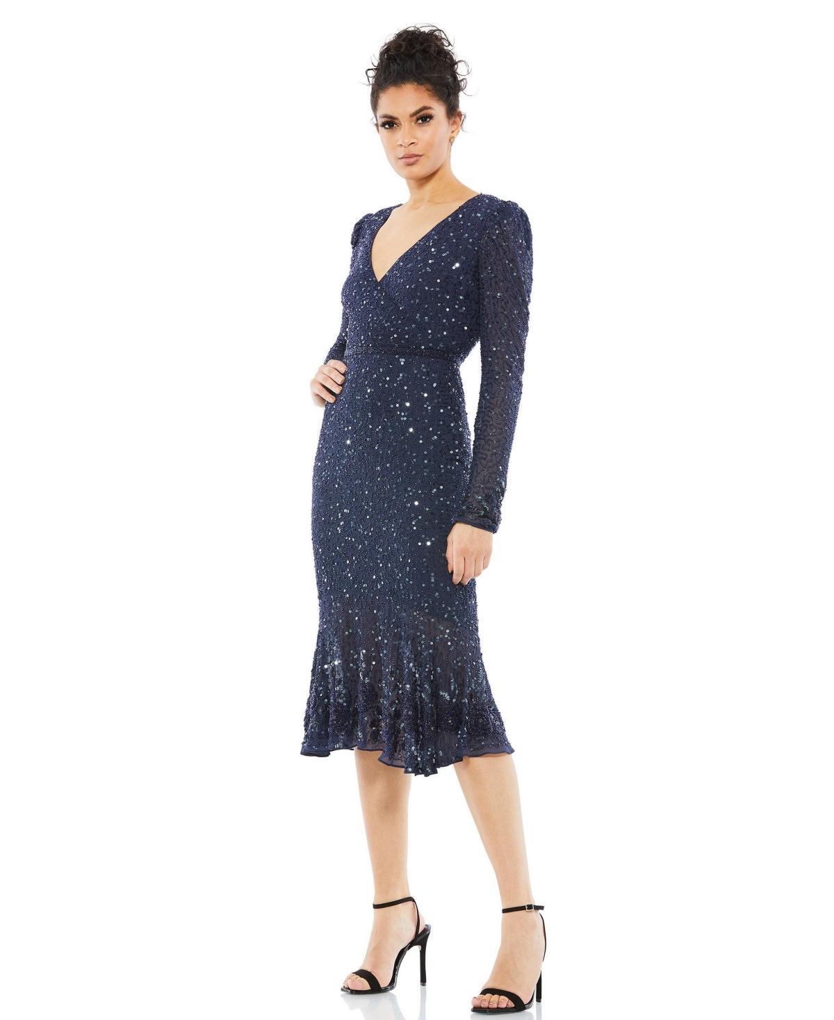 Mac Duggal Sequin Embellished Flounce Hem Surplice V-Neck Long Sleeve Midi Dress Product Image