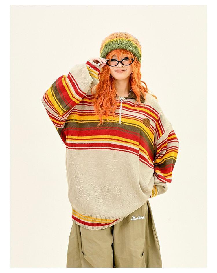 Drop Shoulder Polo Collar Striped Oversized Sweater Product Image
