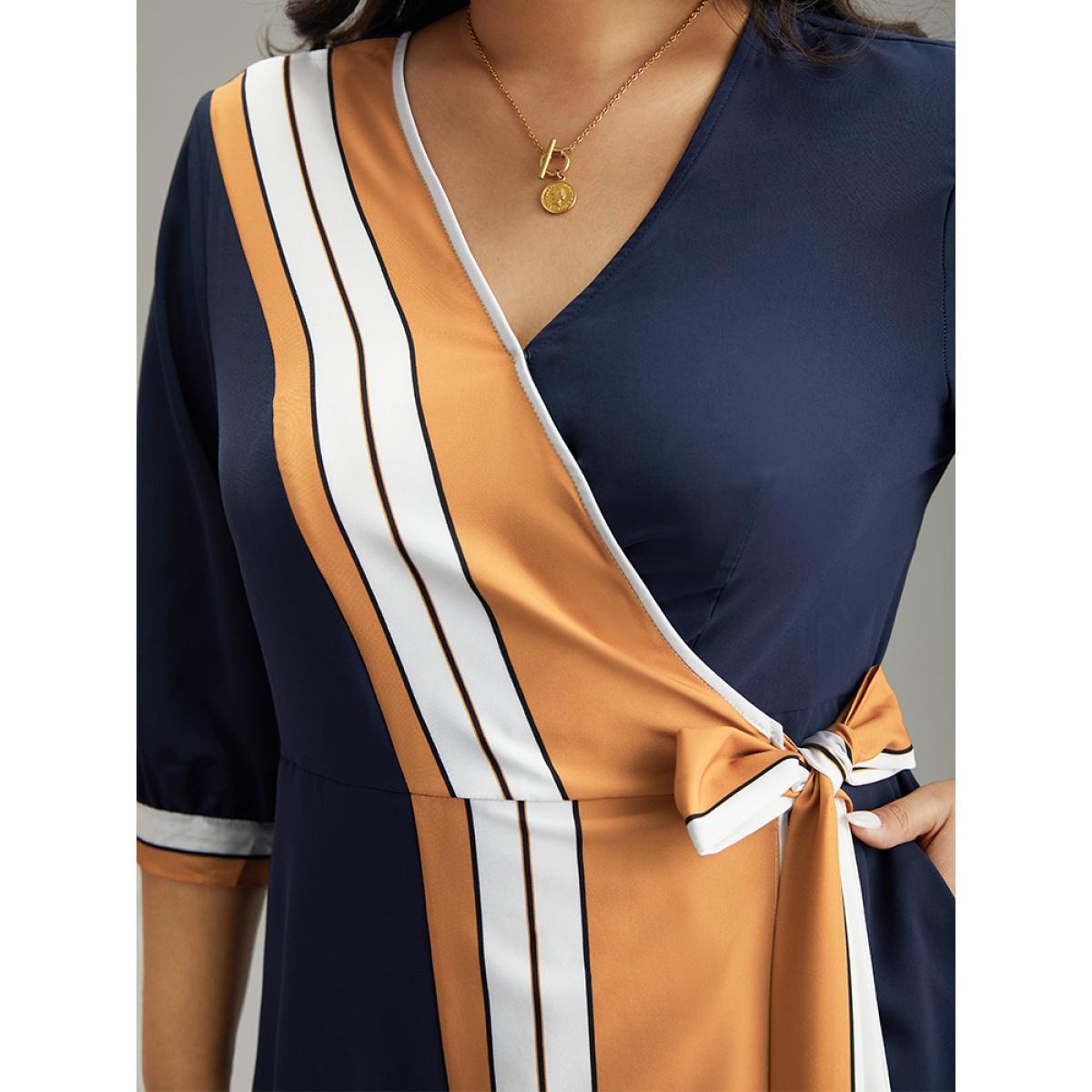 Plus Size Contrast Striped Patchwork Wrap Dress Midnight Women Elegant Wrap V-neck Elbow-length sleeve Curvy Midi Dress BloomChic 22-24/3X Product Image