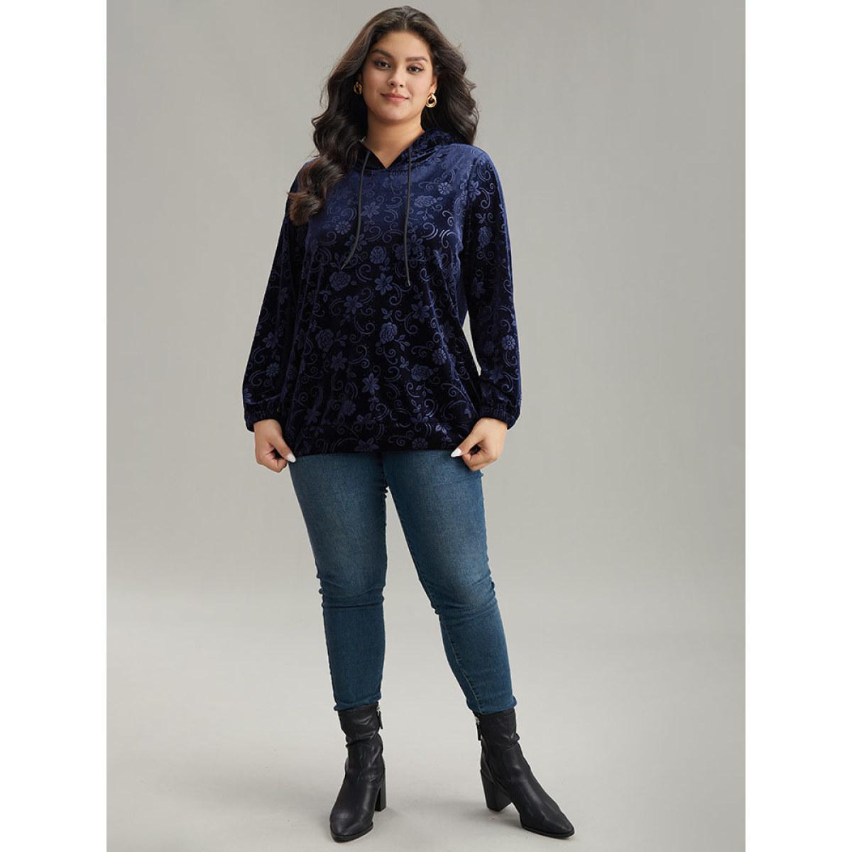 Plus Size Velvet Solid Floral Hooded Drawstring Sweatshirt Women Navy Elegant Elastic cuffs Hooded Dailywear Sweatshirts BloomChic 12/L Product Image
