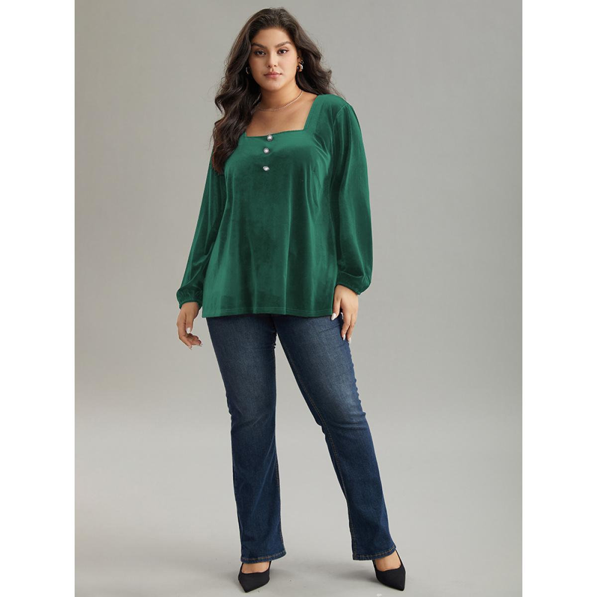Plus Size ArmyGreen Velvet Metal Button Detail Blouse Women Elegant Long Sleeve Square Neck Dailywear Blouses BloomChic 18-20/2X Product Image