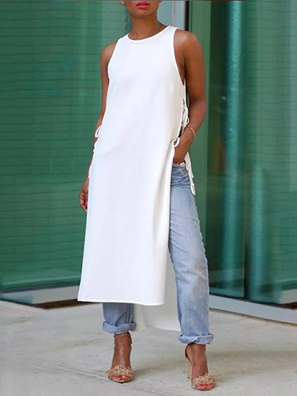 High-Low Loose Lace-Up Solid Color Split-Joint Split-Side Round-Neck Vest Top Product Image