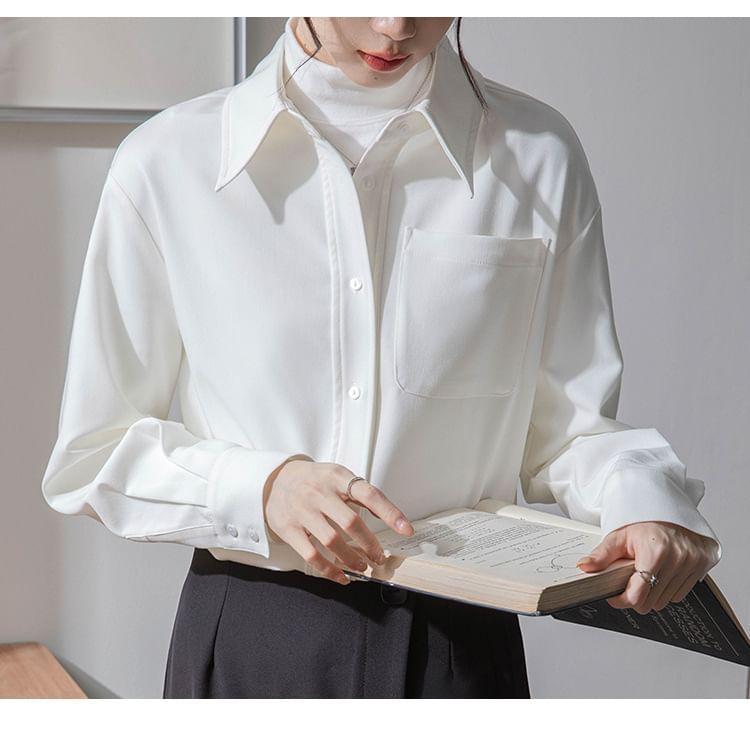Long Sleeve Lapel Collar Plain Button Shirt Product Image